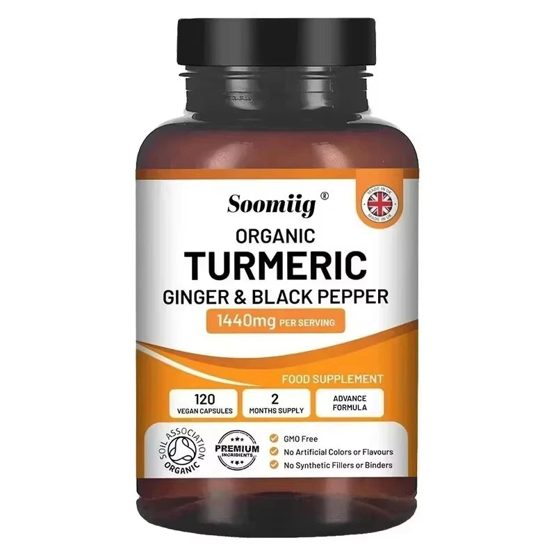 Organic Turmeric Extra Strength 1440 Mg 120 Capsules with Black Pepper, Ginger & Active Ingredient Curcumin for Joint Health