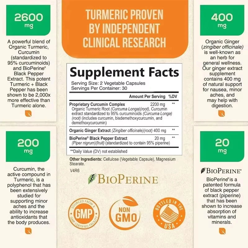 Turmeric Curcumin Contains Piperin and Ginger 95% Curcumin Class 2600mg - Natural Heart and Joint Support -60 Capsules