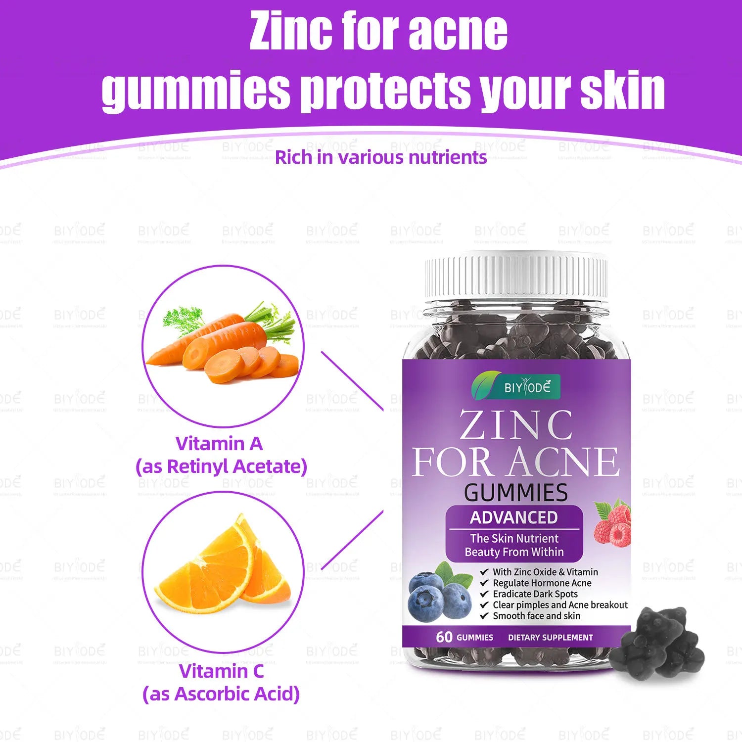 1 bottle of zinc+acne gummies to regulate immunity suppress sebum secretion promote metabolism health food